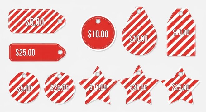 A collection of price tags with red and white diagonal stripes and various dollar amounts.