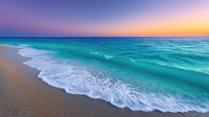 Ocean waves gently break upon a pebbled shore under a vibrant twilight sky with hues of purple orange and blue reflecting on the sparkling water surface creating a serene coastal landscape.