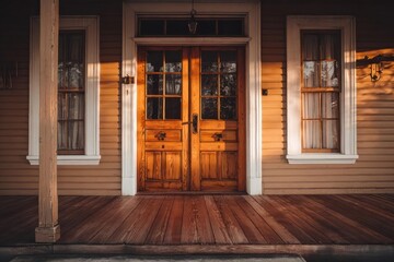Warm golden hour sunlight illuminates a classic wooden double door entrance with a porch and windows