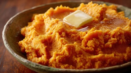 Close-up of mashed sweet potatoes with butter melting, rustic plate, ultra detailed 8k