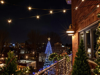 Cozy balcony with Christmas lights and decorated tree at night  