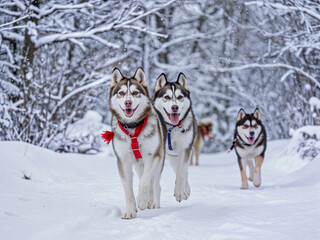 Christmas Siberian husky walk in snow Three happy huskies running through snowy forest path  