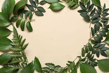 Frame made of different fresh green leaves on beige background