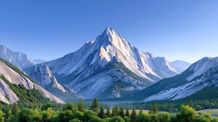 Majestic Mountain Peak Bathed in Golden Hour Sunlight Amidst Lush Green Valleys and Clear Blue Sky