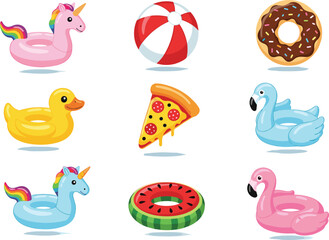 Cartoon pool floats, summer snacks, inflatable toys, unicorn, flamingo, pizza, donut, beach ball, vector art, colorful design, fun