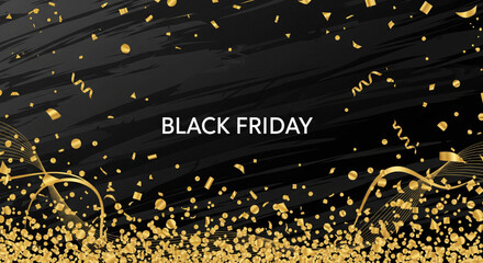 Black Friday Sale Announcement with Glittering Confetti and Streamers on Dark Background