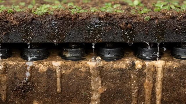 Closeup medium shot of inline emitters embedded underground showing water droplets seeping precisely at the root zone to minimize evaporation.