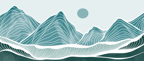 Mountain and ocean wave landscape watercolor painting with line art texture. Design Mountain background for wall art prints, poster Art Decoration, banner