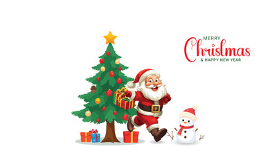 Santa Claus with Christmas Tree and Snowman Illustration | Merry Christmas and Happy New Year Holiday Background