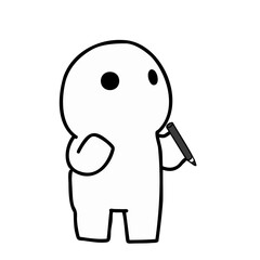 OC is looking up with a pen in his hand.