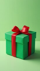 Fototapeta premium Small green gift box with a simple red ribbon bow , package, holiday
