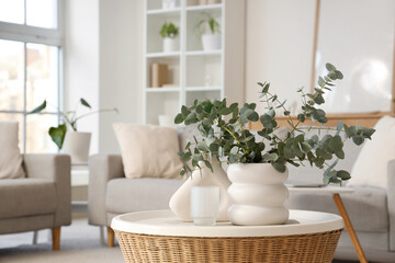 Vases with fresh eucalyptus branches on table near grey sofa in living room