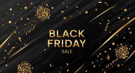 Luxurious Black Friday sale promotional banner with sparkling golden confetti on a sleek dark background. Abstract vector design for holiday shopping events