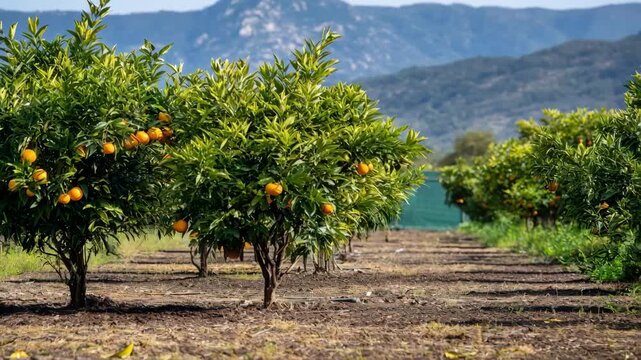 Orange trees thriving in a droughtresilient orchard demonstrating successful climate adaptation through selective breeding and sustainable farming techniques.