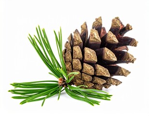 Dry Pinecone with Fresh Green Needle Isolated on White Background Representing Life Cycle and Nature Concept