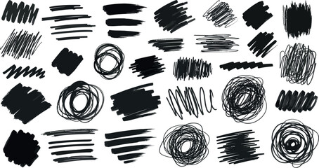 Collection of hand drawn black ink brush strokes and scribbles on white background