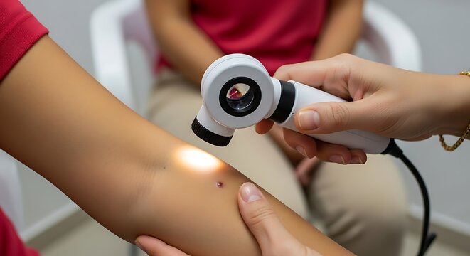 A dermatologist examining a patient's skin with a dermatoscope for potential skin irregularities during a medical examination in a clinic. - Powered by Adobe