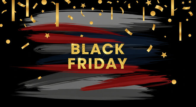Black Friday Sale Announcement with Festive Confetti and Brushstroke Background
