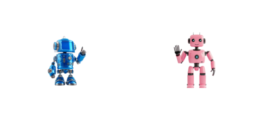 Two friendly robot characters posing in opposite directions