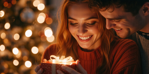 Happy young couple sharing a magical Christmas moment with a glowing gift. Woman smiling while receiving a holiday present