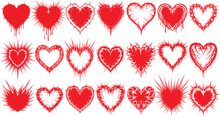 Collection of hand drawn red hearts with a distressed and splattered artistic effect