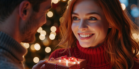 A happy woman receives a surprise gift from a man during a festive holiday. Romantic couple celebrating Christmas with bokeh lights in the background