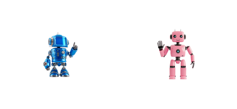 Two friendly robot characters posing in opposite directions