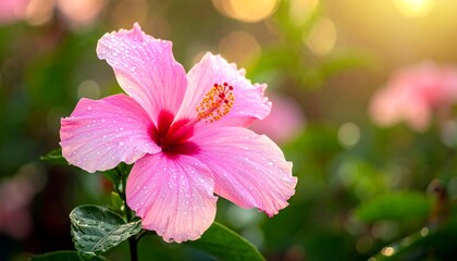 Pink Hibiscus Blossom in Sunlight - A Close-Up View of Floral Beauty.