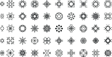 Collection of 50 unique abstract geometric ornate decorative ornaments and embellishments in black and white
