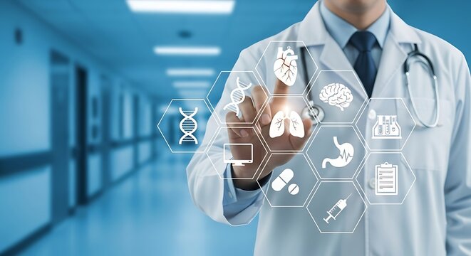 A doctor in a white coat interacting with holographic medical icons illustrating the human anatomy and healthcare concepts.