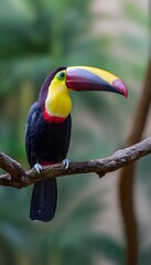 Obraz premium Vivid toucan perched amidst lush tropical foliage bathed in gentle morning sunlight splendor