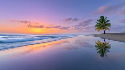 Peaceful Ocean Sunset With Single Palm Tree Reflecting In Wet Sand and Vibrant Purple Orange Sky Over Calm Water