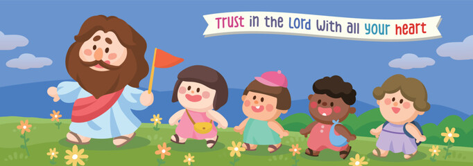 Cartoon Jesus walking with happy children in a flower field Cute Christian Illustration banner design