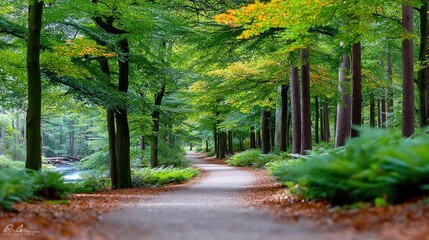 Naklejka premium Peaceful Woodland Trail Covered in Fallen Leaves Bathed in Golden Sunlight with Vibrant Green Foliage and Ferns
