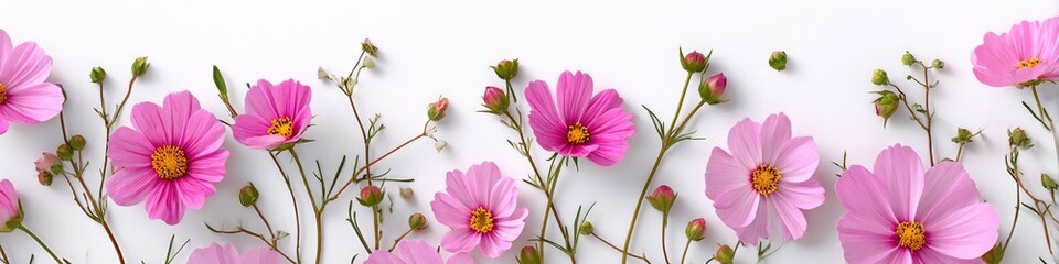 Vibrant frame of pink cosmos flowers and buds on a clean white background