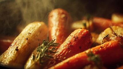 Close-up of roasted carrots and parsnips, steam rising, autumn table, cinematic ultra detail 8k