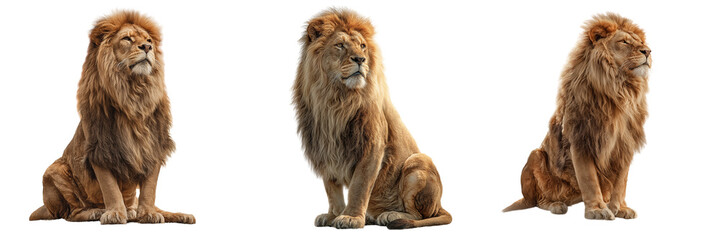 Obraz premium Set of Full-body lion sitting on a white seamless background, studio photo, realistic details on transparent png background. Ai generated