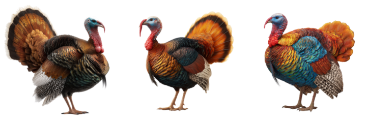 Set of A 3D vibrant turkey hen standing on a pure white background, highly detailed, realistic lighting, studio photography style on transparent png background. Ai generated