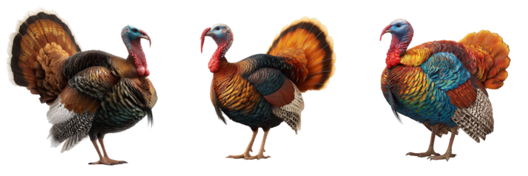 Set of A 3D vibrant turkey hen standing on a pure white background, highly detailed, realistic lighting, studio photography style on transparent png background. Ai generated - Powered by Adobe