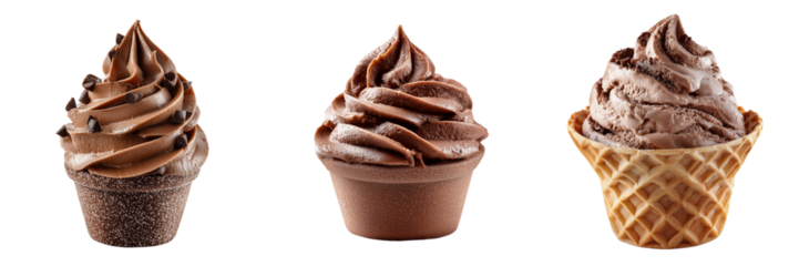 Set of Chocolate ice cream in a glass bowl with a drizzle of chocolate sauce on transparent png background. Ai generated