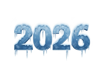 Icy blue numbers of the year 2026 isolated on transparent background