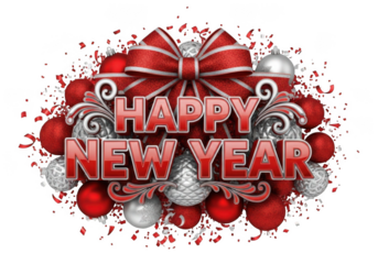 Festive red bow and ornaments with happy new year text isolated on transparent background