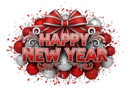 Festive red bow and ornaments with happy new year text isolated on transparent background