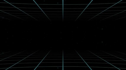3d perspective grid lines loop animation retro background Black dark background grid technology video 4K. Information hologram overlay asset internet data concept.Seamless polygon dots digital motion 