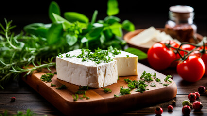 Fresh white cheese cubes with herbs on wooden board, rustic, natural and organic style.	