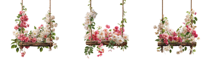 Set of Cozy wooden swing chair with watercolor flower accents on transparent png background. Ai generated