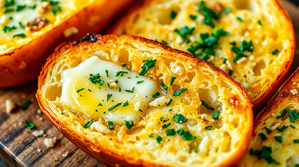 Close-up of golden-brown garlic bread slices topped with melted butter.