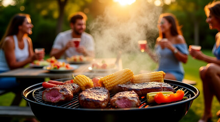 Sizzling summer barbecue grill with meats and vegetables, friends enjoying outdoor cookout.