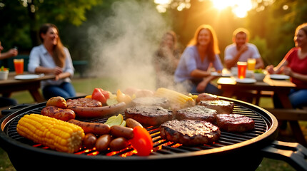 Sizzling summer barbecue grill with meats and vegetables, friends enjoying outdoor cookout.