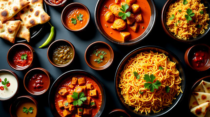 Top view of vibrant Indian dishes on black background with butter chicken